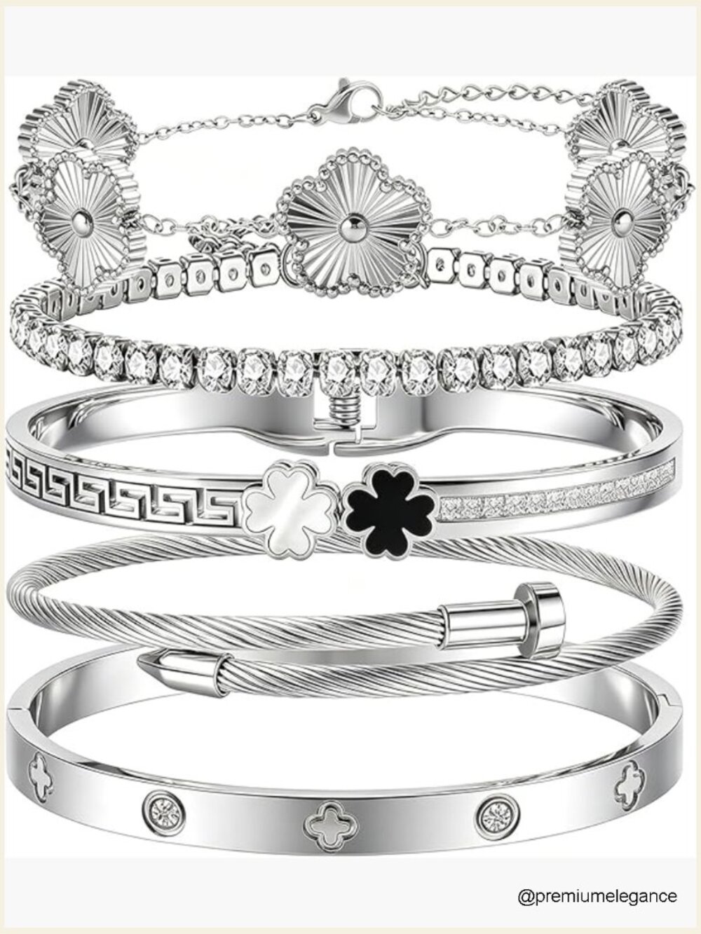 Gold Stackable Bracelet Set - 5pc Bangle with Clover Charm - Trendy Jewelry Gift